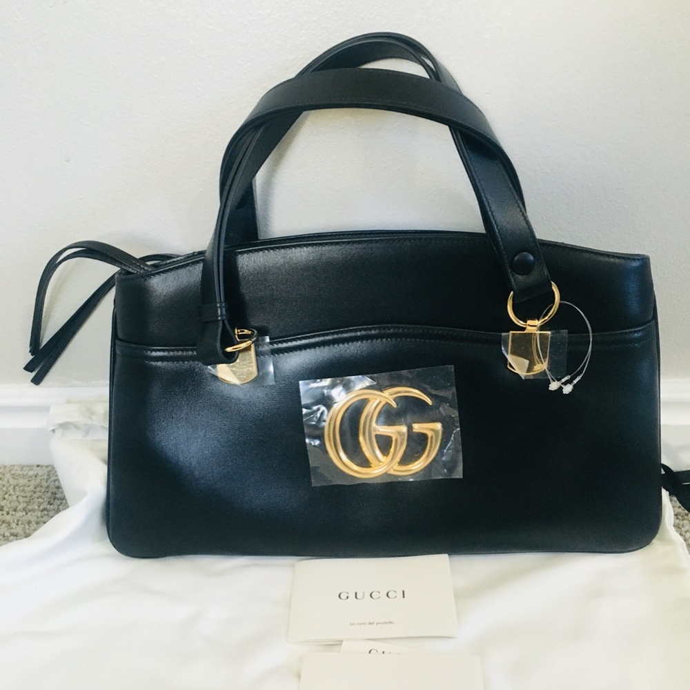 New Authentic Gucci Large GG Leather Top Handle Bag Black Gold - Picture 6 of 15